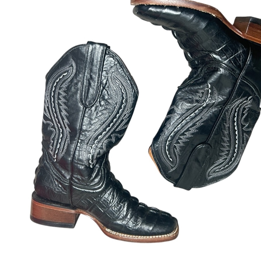 Tanner Mark Caiman Tail Print Embossed Cowboy Boot ( Black ) Kids Size 4